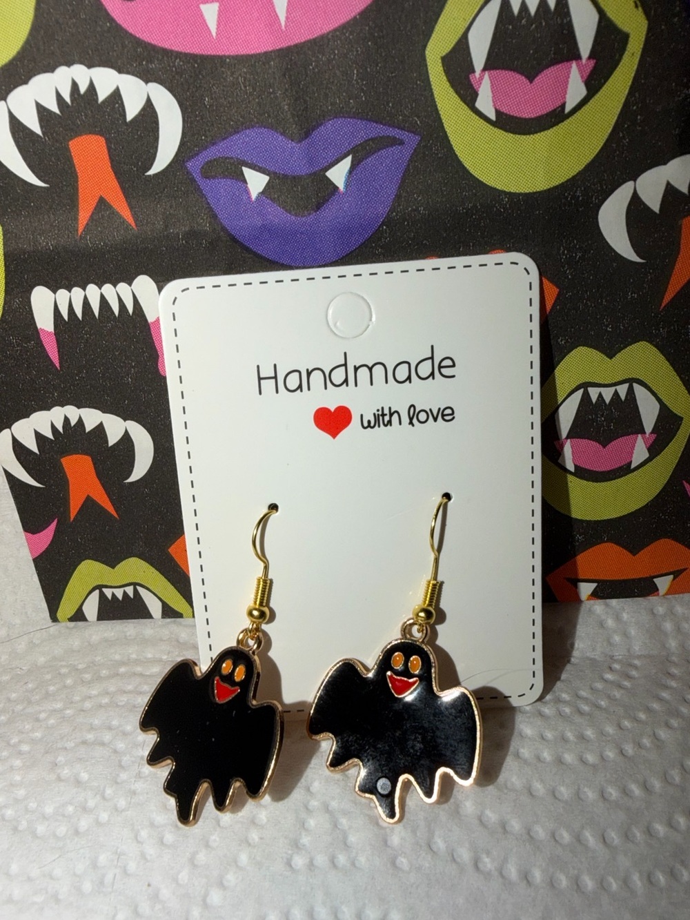 Cute Black Ghost Dangle Earrings with Gold Trim